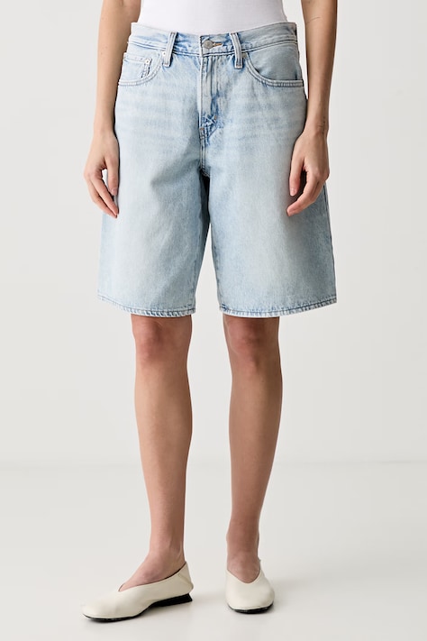 Levi's къс панталон дамски от памук SQUARE PEG син с висока талия 005LV
