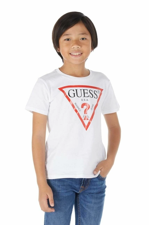 Детская хлопковая футболка Guess цвет белый с принтом L73I55 K8HM0