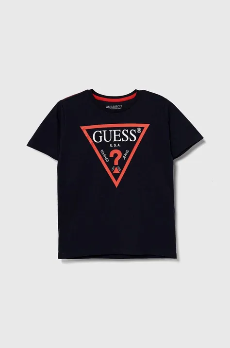 Детска памучна тениска Guess в тъмносиньо с принт L73I55 K8HM0