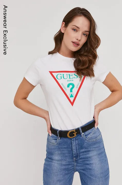 Μπλουζάκι Guess γυναικείo, χρώμα: άσπρο
