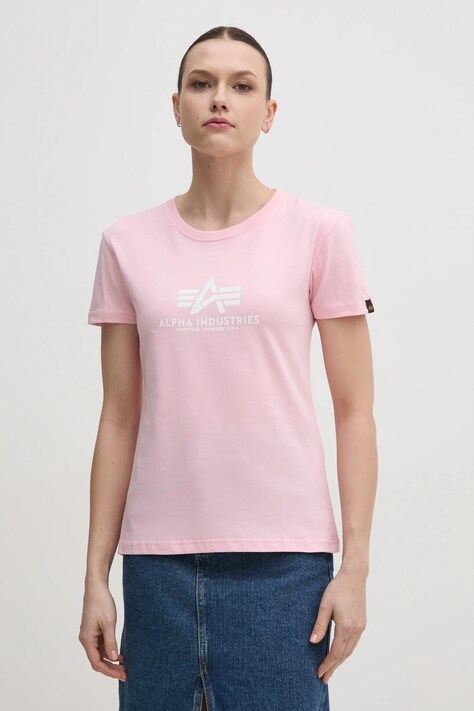 Βαμβακερό μπλουζάκι Alpha Industries New Basic T Wmn χρώμα: ροζ