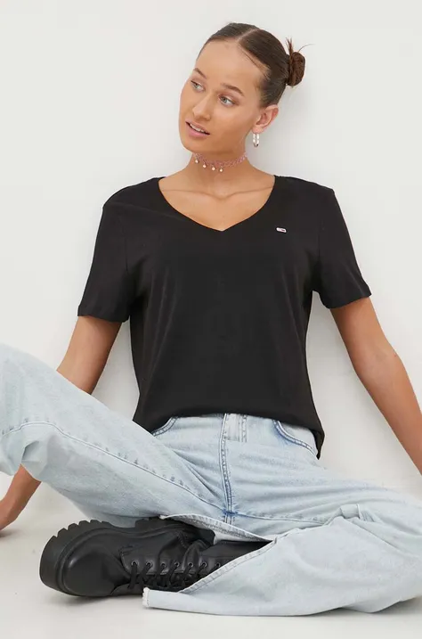 Bombažna kratka majica Tommy Jeans ženski, črna barva