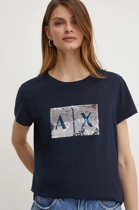 Bavlnené tričko Armani Exchange dámsky, tmavomodrá farba