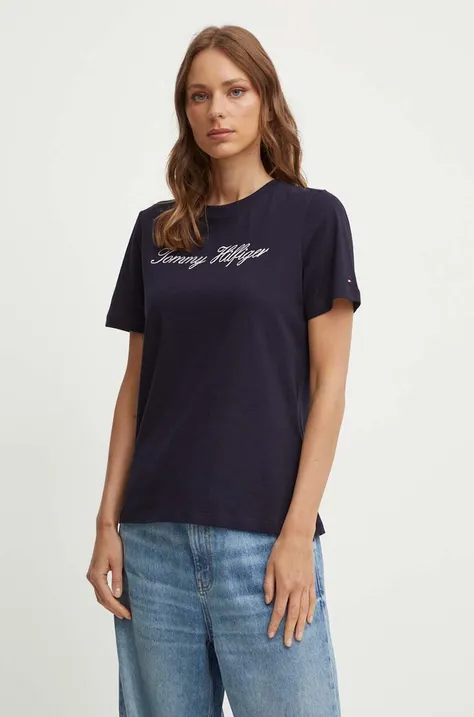Bavlnené tričko Tommy Hilfiger dámske, tmavomodrá farba, WW0WW43459