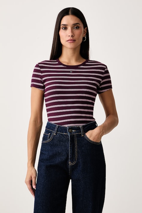 Tommy Jeans T-shirt damski bawełniany z elastanem bordowy DW0DW17383