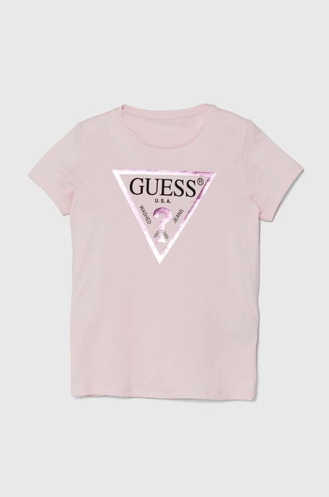 Детска памучна тениска Guess в розово J73I56 K8HM0