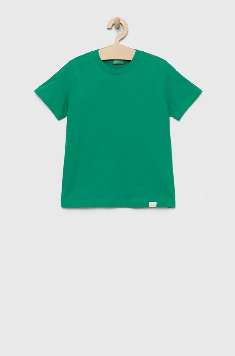 Детская хлопковая футболка United Colors of Benetton цвет зелёный однотонная