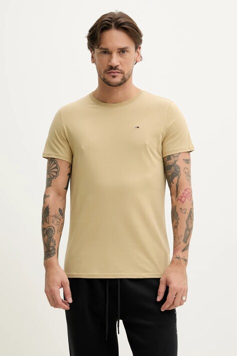 Tommy Jeans tricou din bumbac barbati, culoarea bej, neted, DM0DM04411