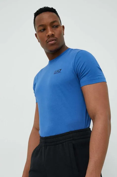 EA7 Emporio Armani t-shirt bawełniany kolor niebieski gładki