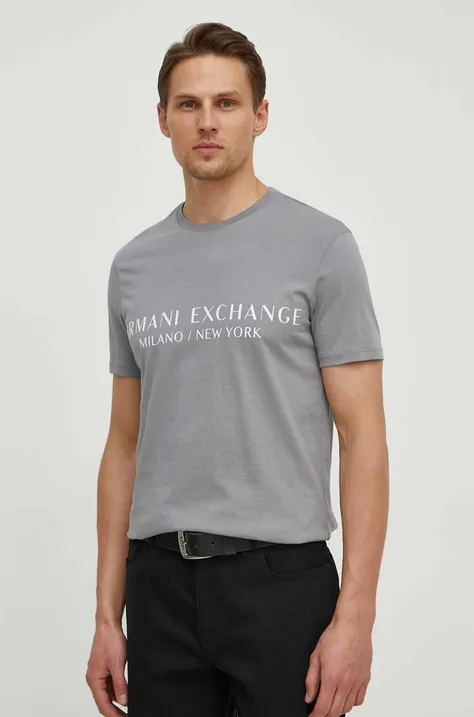 Armani Exchange tricou barbati, culoarea gri, cu imprimeu