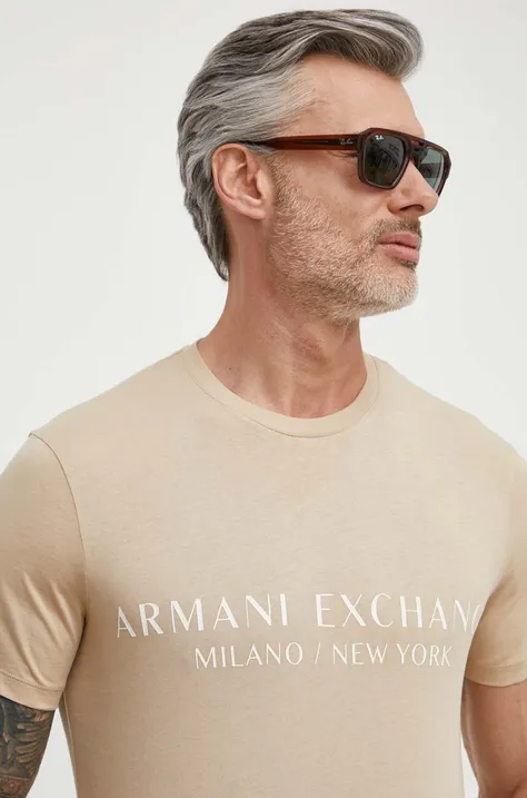 Armani Exchange tricou barbati, culoarea bej, cu imprimeu