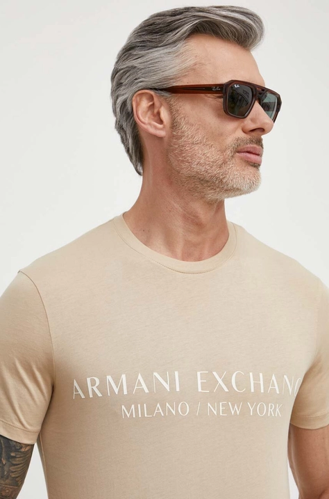 Футболка Armani Exchange мужской цвет бежевый с принтом