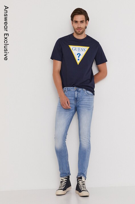 Guess Tricou bărbați, culoarea albastru marin, cu imprimeu