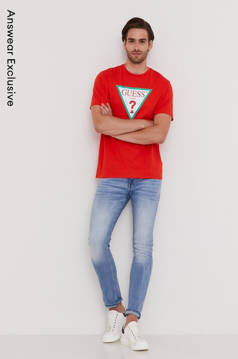 Guess Tricou bărbați, culoarea portocaliu, cu imprimeu