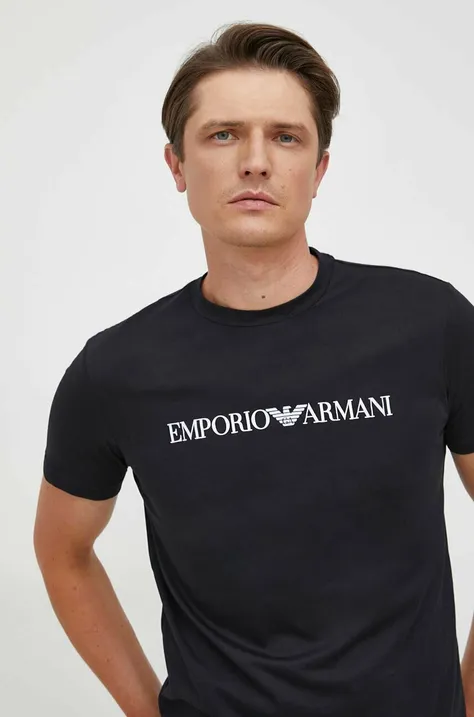 Emporio Armani pamut póló sötétkék, nyomott mintás