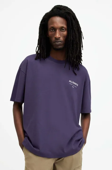 Памучна тениска AllSaints UNDERGROUND SS CREW в лилаво с принт