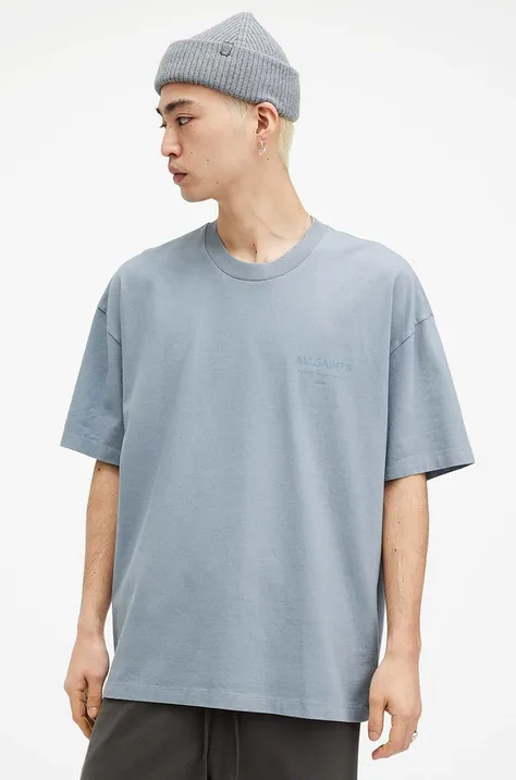 Бавовняна футболка AllSaints UNDERGROUND SS CREW чоловіча колір бірюзовий з принтом