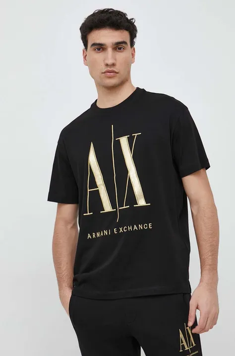 Памучна тениска Armani Exchange в черно с апликация