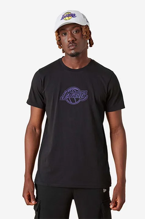 Памучна тениска New Era NBA Chain Stitch Lakers в черно с принт