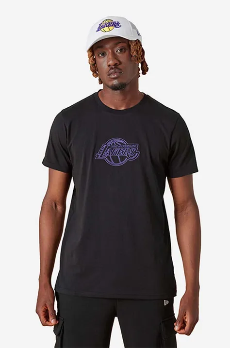 Bavlněné tričko New Era NBA Chain Stitch Lakers černá barva, s potiskem, 13083914-black