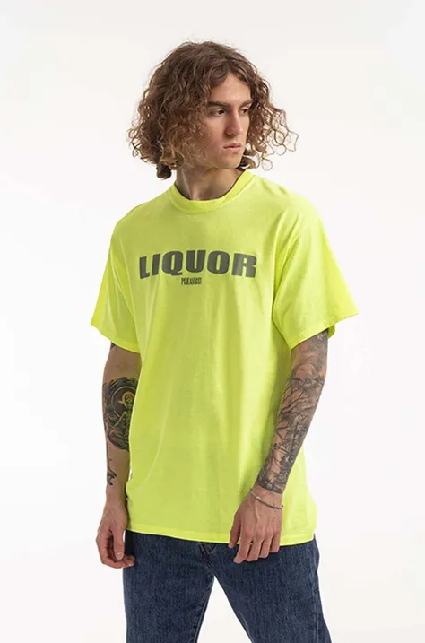 Памучна тениска PLEASURES Liquor в зелено с принт