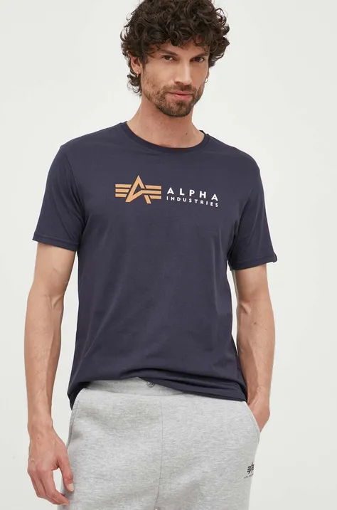 Alpha Industries t-shirt bawełniany  Alpha Label T kolor granatowy z nadrukiem 118502 07 118502.07-GRANATOWY