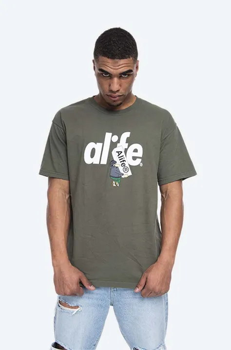 Памучна тениска Alife Alife Boostin в зелено с десен