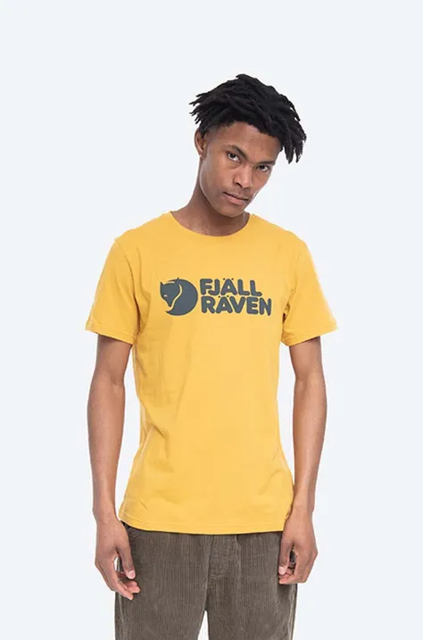 Памучна тениска Fjallraven Logo в жълто с принт