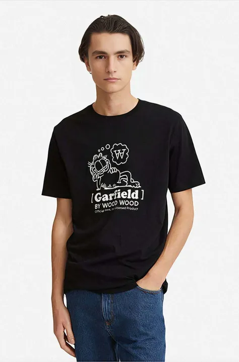 Bombažna kratka majica Wood Wood X Garfield črna barva