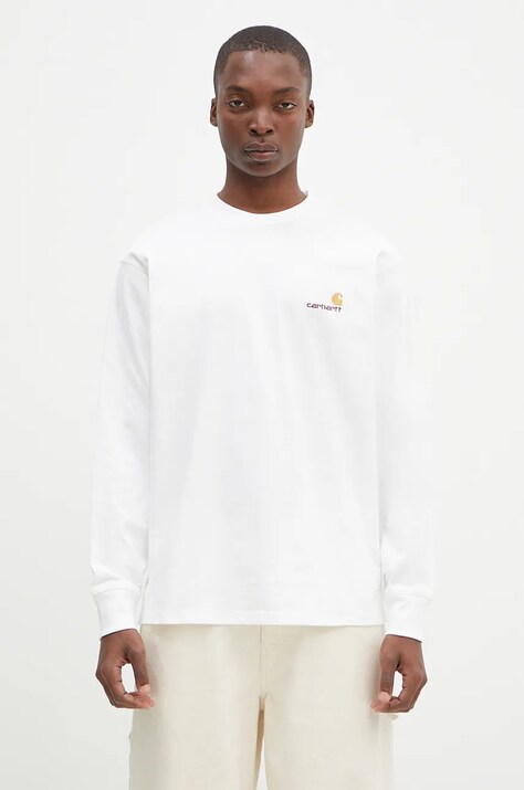 Bavlněné tričko s dlouhým rukávem Carhartt WIP Longsleeve American Script T-Shirt bílá barva, I029955