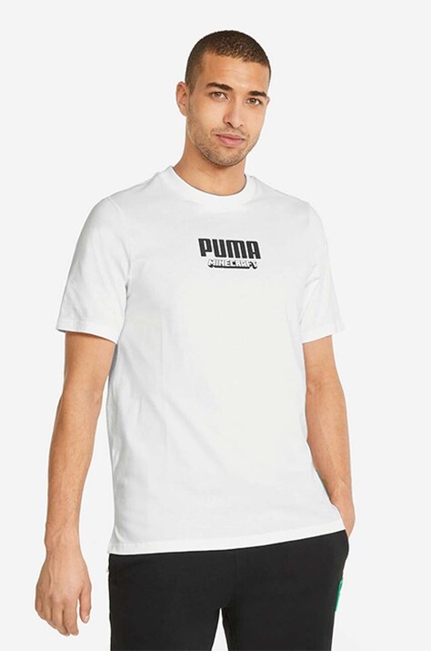 Βαμβακερό μπλουζάκι Puma x Minecraft ανδρικό, χρώμα: άσπρο