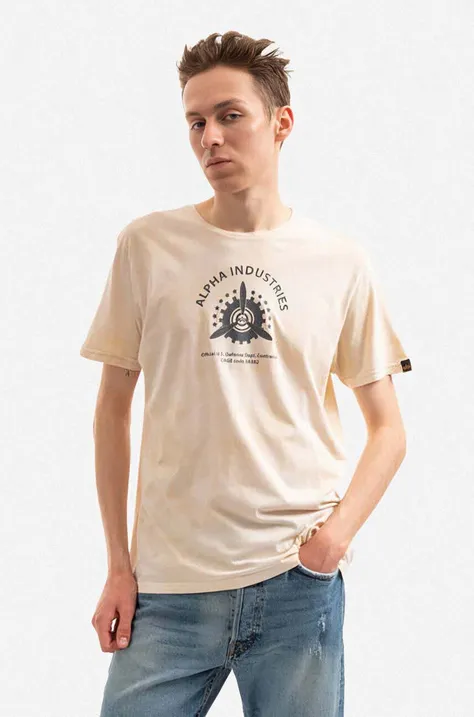 Bavlněné tričko Alpha Industries béžová barva, s potiskem, 106515.136-cream