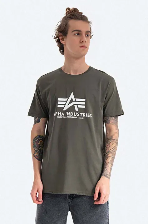 Bavlnené tričko Alpha Industries Basic 100501.142, zelená farba, s potlačou