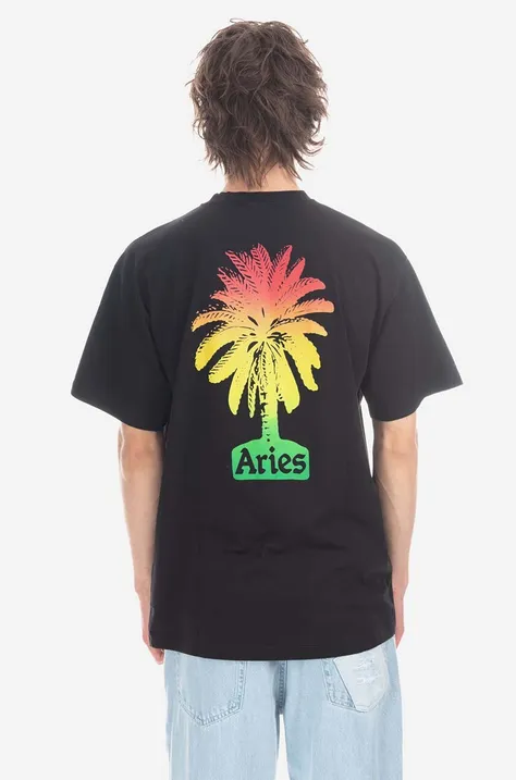Хлопковая футболка Aries цвет чёрный с принтом Aries Palm SS Tee AR60004 BLACK AR60004-BLACK