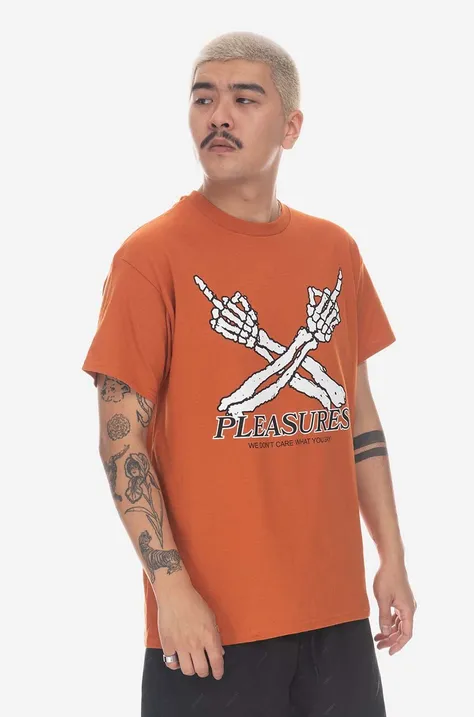 Памучна тениска PLEASURES Dont Care T-shirt в оранжево с принт