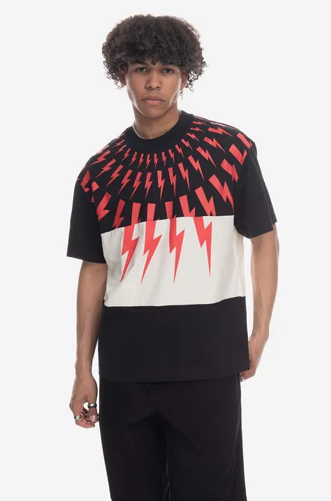 Bavlnené tričko Neil Barett Slim Dropped Shoulder Mix PBJT157-U508S 3551 čierna farba, vzorované