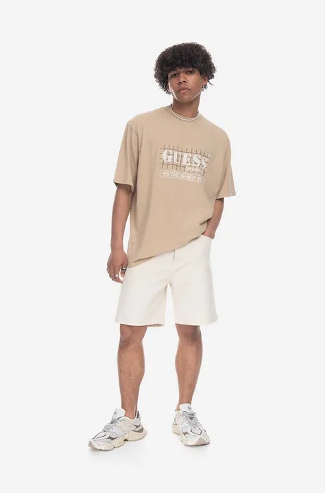 Kratka majica Guess Washed Grid Logo Tee moška, bež barva
