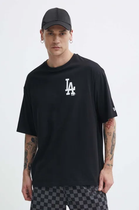 Bombažna kratka majica New Era moška, črna barva, LOS ANGELES DODGERS