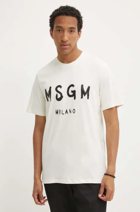 Bavlnené tričko MSGM pánske, béžová farba, s potlačou, 2000MM510.200002