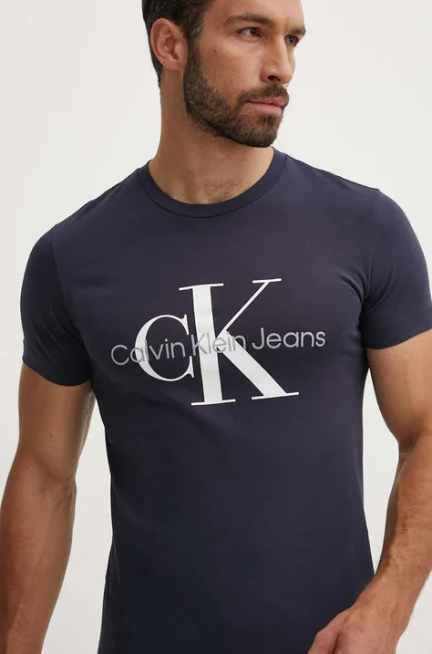 Calvin Klein Jeans tricou din bumbac barbati, culoarea albastru marin, cu imprimeu, J30J320935