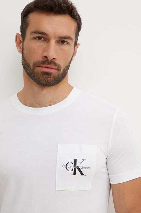 Calvin Klein Jeans tricou din bumbac barbati, culoarea alb, cu imprimeu, J30J320936