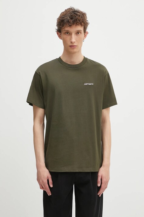 Хлопковая футболка Carhartt WIP S/S Script Embroidery T-Shirt цвет зелёный однотонная I030435.2QHXX