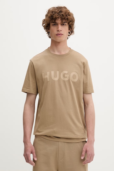 HUGO T-shirt męski bawełniany z elastanem Dulivio beżowy 50467556