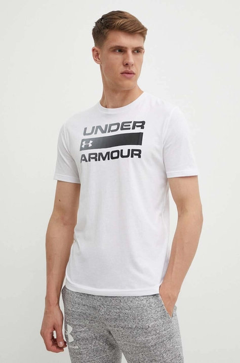 Under Armour tricou barbati, culoarea alb, cu imprimeu