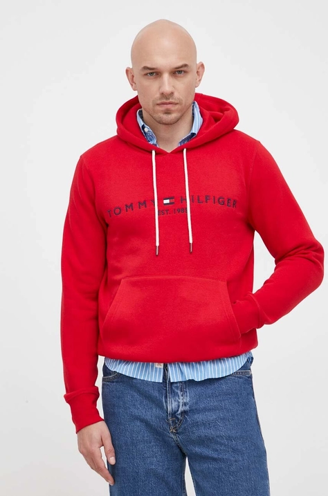 Mikina Tommy Hilfiger pánská, červená barva, s kapucí, s aplikací, MW0MW11599