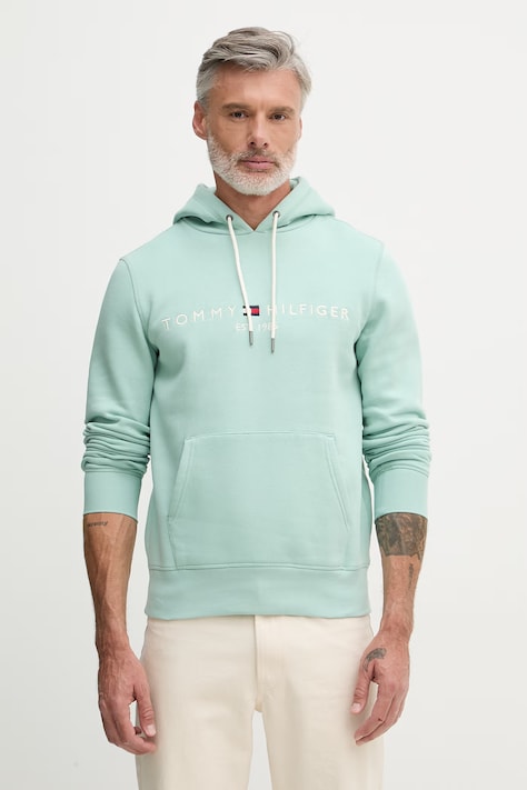 Tommy Hilfiger mikina s kapucňou pánska s bavlnou tyrkysová MW0MW11599