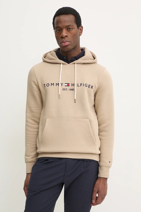 Mikina Tommy Hilfiger pánská, béžová barva, s kapucí, s aplikací