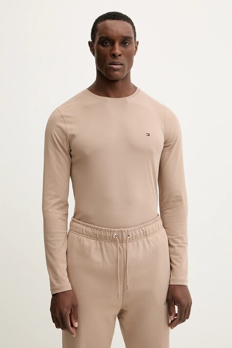 Tommy Hilfiger longsleeve męski kolor brązowy gładki