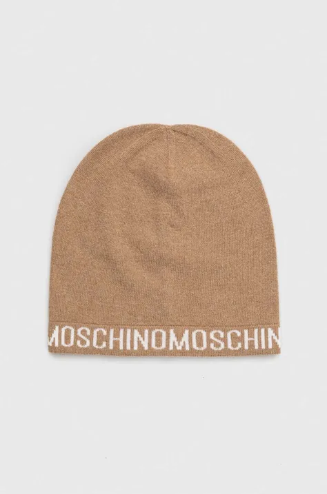 Moschino czapka wełniana kolor brązowy z cienkiej dzianiny wełniana
