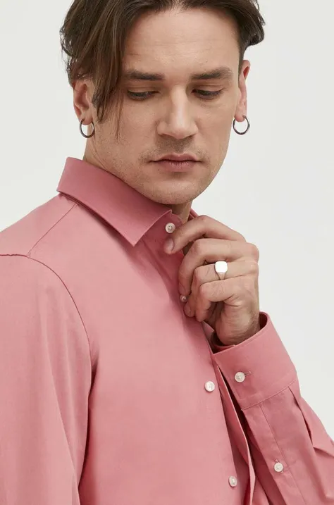 Košulja HUGO za muškarce, boja: ružičasta, slim, s klasičnim ovratnikom